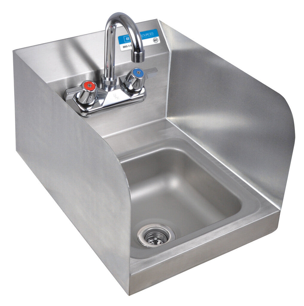 BK Resources BKHS-W-SS-SS-P-G Stainless Steel Space Saver Hand Sink with Side Splashes, Faucet, 2 Holes 9"x9" Bowl