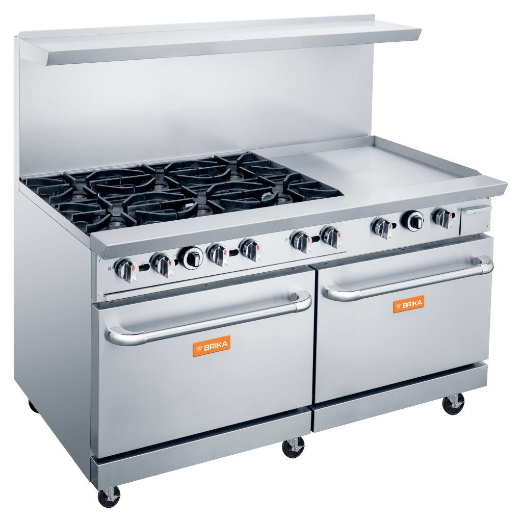Brika BGR-6B-G24 60" Six Burner Gas Range - Right 24" Manual Griddle
