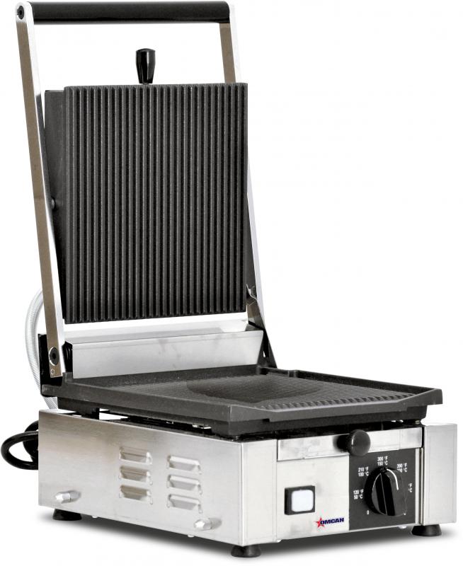 Omcan 11375 Elite Series 10" x 9" Single Panini Grill with Top and Bottom Grooved Grill Surface