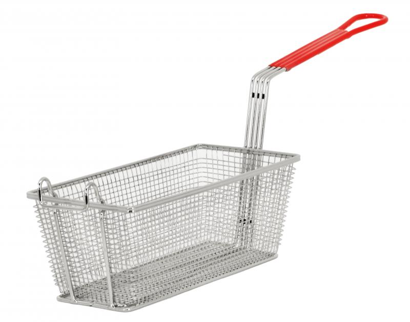 Omcan 80556 12 7/8" x 6 1/2" x 5 3/8" Red Handle Nickel-Plated Iron Fryer Basket