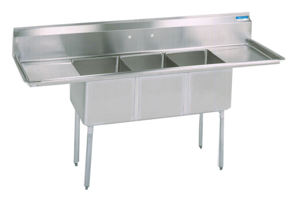 BK Resources BKS-3-18-12-24T 3-Compartment Stainless Steel Sink w/ Dual 24" Drainboards 18L X 18W X 12D Bowls