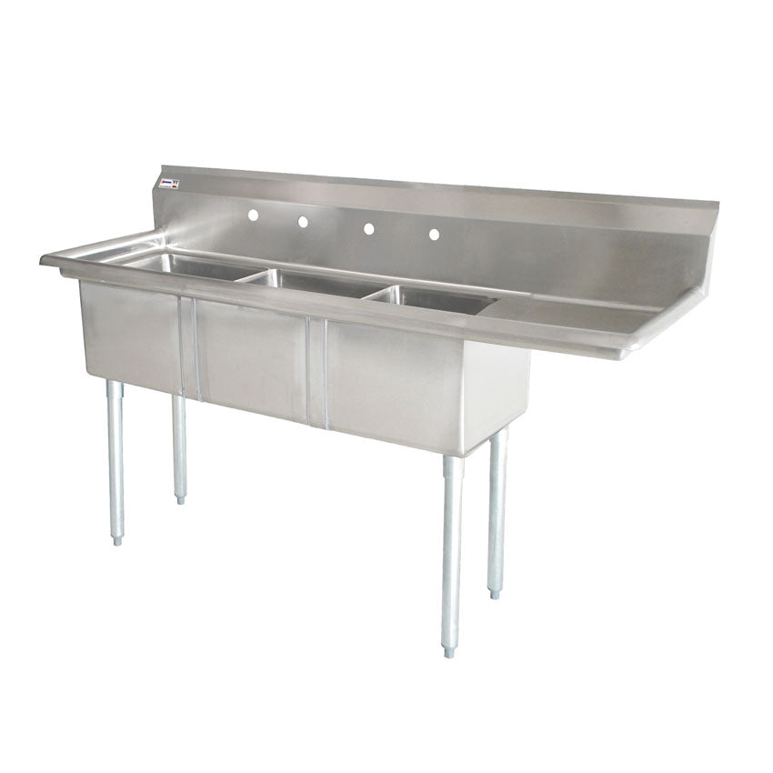 Omcan 25260 24" x 24" x 14" Three Tub Sink with 1.8" Corner Drain and Right Drain Board