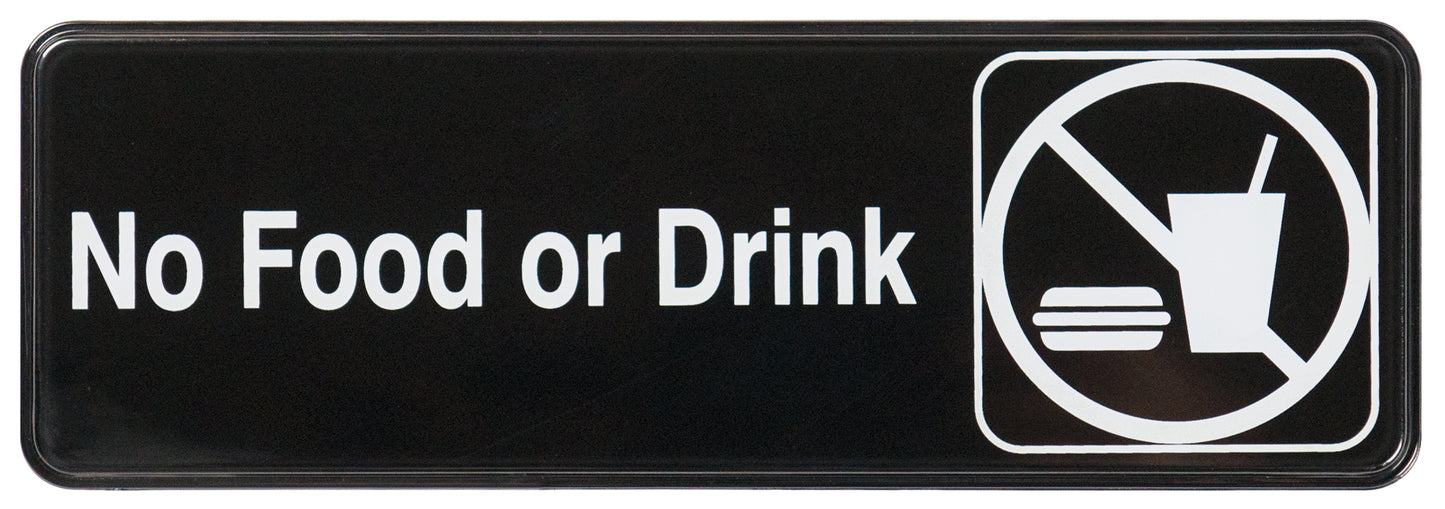 Winco SGN-333 3" x 9" Black Information Sign - "No Food or Drink"