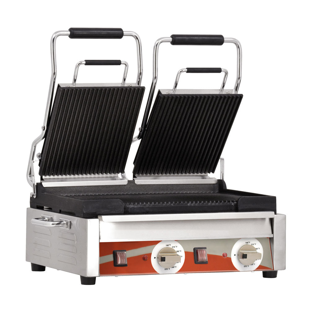 Omcan 19937 10" x 18" Double Panini Grill with Grooved Plates