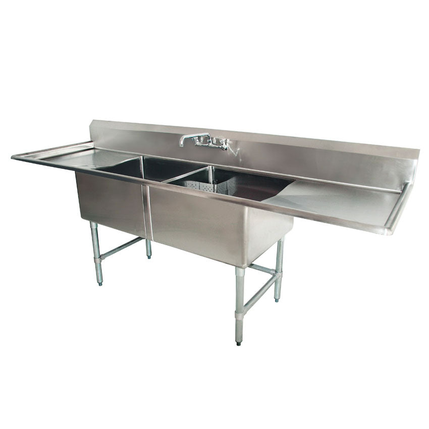 Omcan 25269 18" x 21" x 14" Two Tub Sink with 1.8" Corner Drain and Two Drain Boards