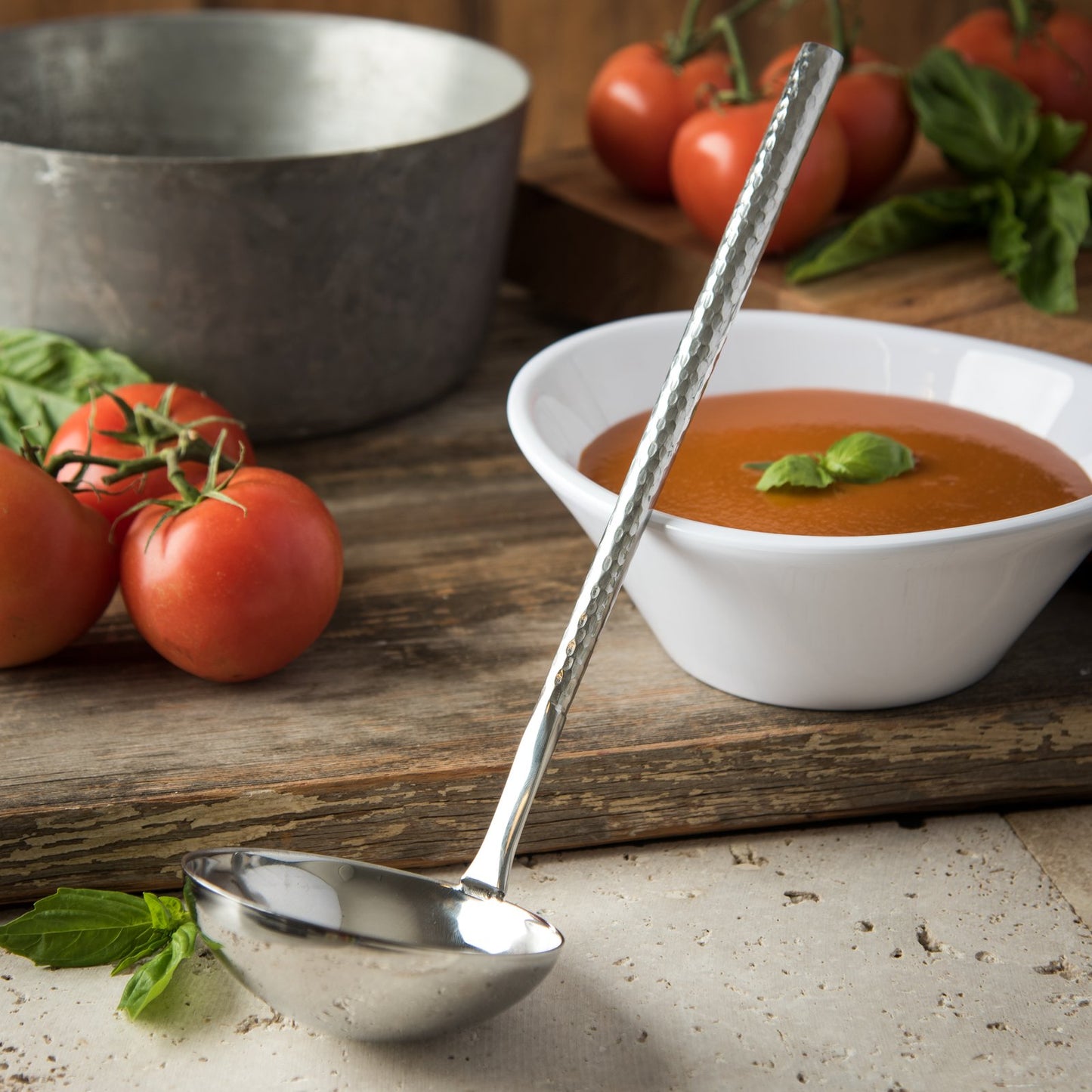 Carlisle 60203 4 oz 13.5" Terra Ladle - Hammered Mirror Finish - 400 Series Stainless