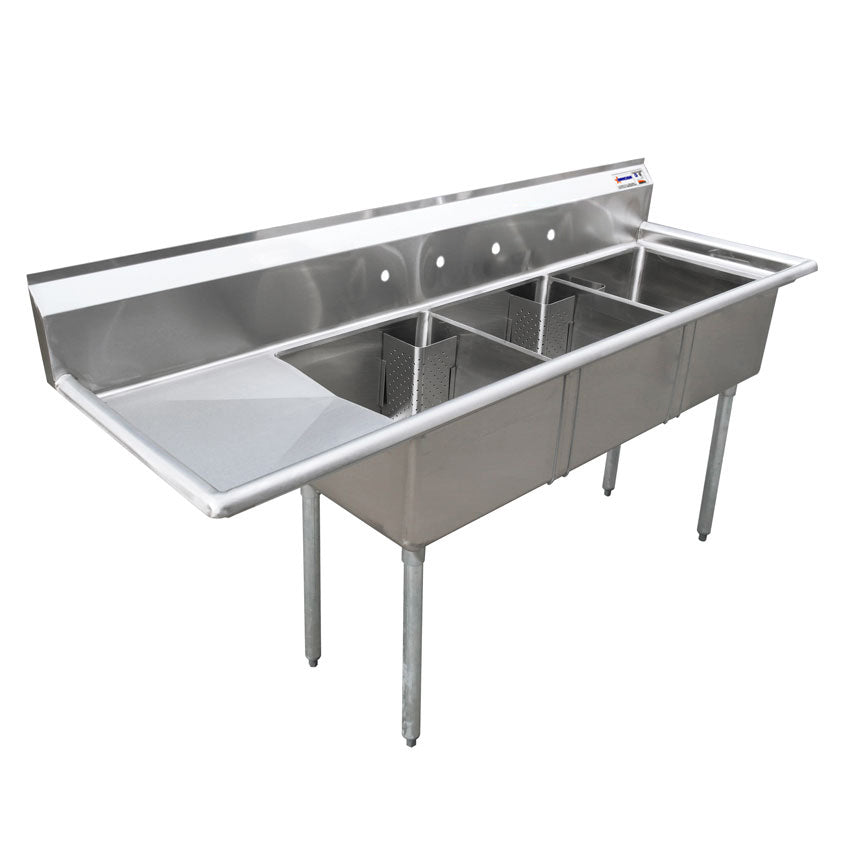 Omcan 25259 24" x 24" x 14" Three Tub Sink with 1.8" Corner Drain and Left Drain Board