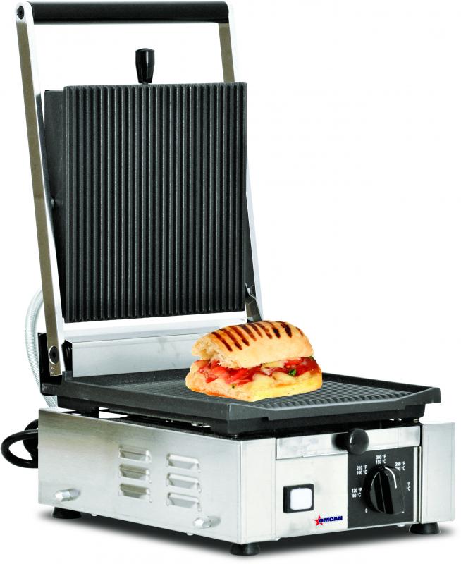 Omcan 11375 Elite Series 10" x 9" Single Panini Grill with Top and Bottom Grooved Grill Surface