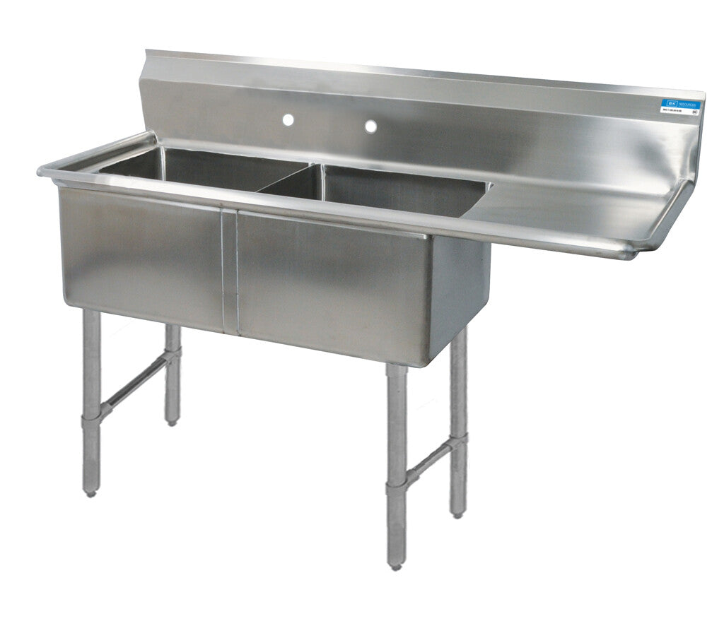 BK Resources BKS6-2-1620-14-18RS 2-Compartment Stainless Steel Sink 10" Riser Right Drainboard 20L X 16W X 14D Bowls