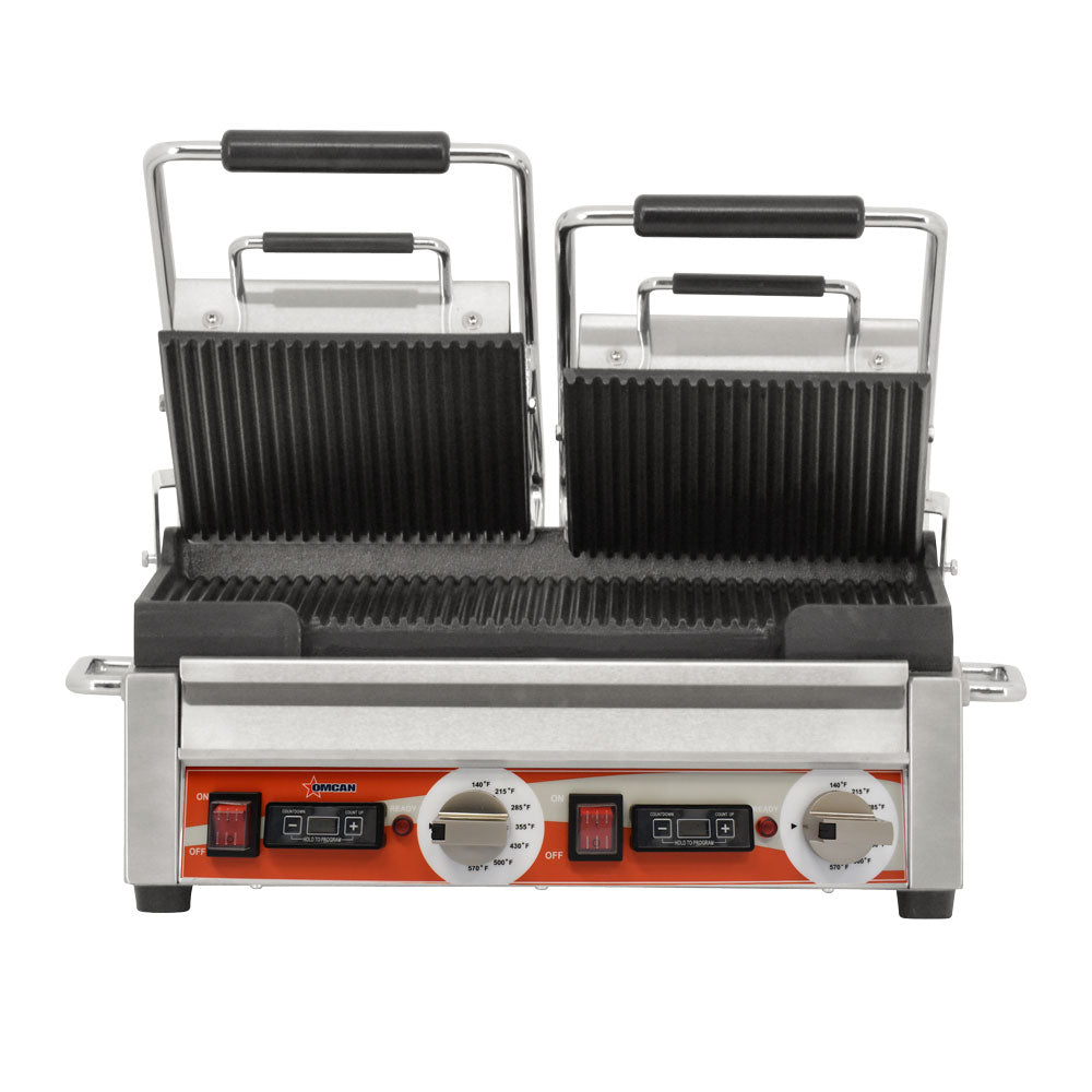 Omcan 42914 10" x 18" Double Panini Grill with Grooved Plates and Timer