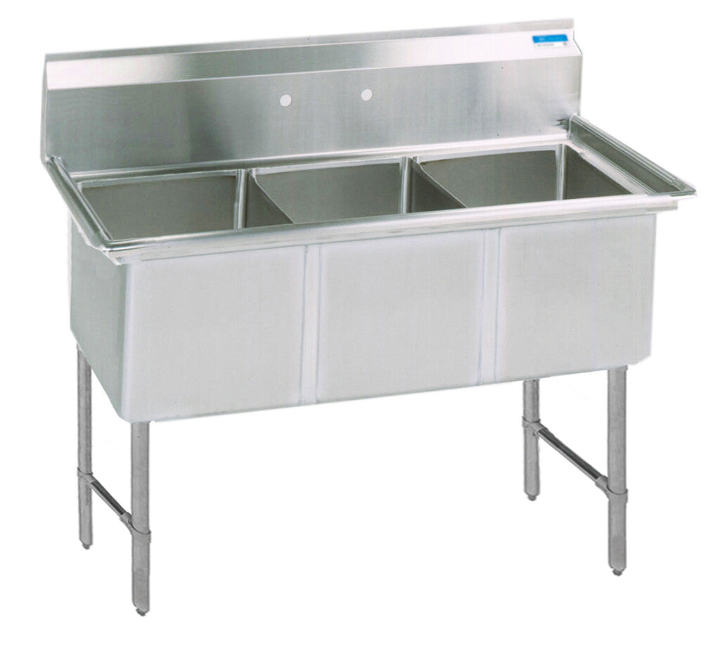 BK Resources BKS-3-18-12S 3-Compartment Stainless Steel Sink 18X18X12D w/ Stainless Steel Legs & Bracing