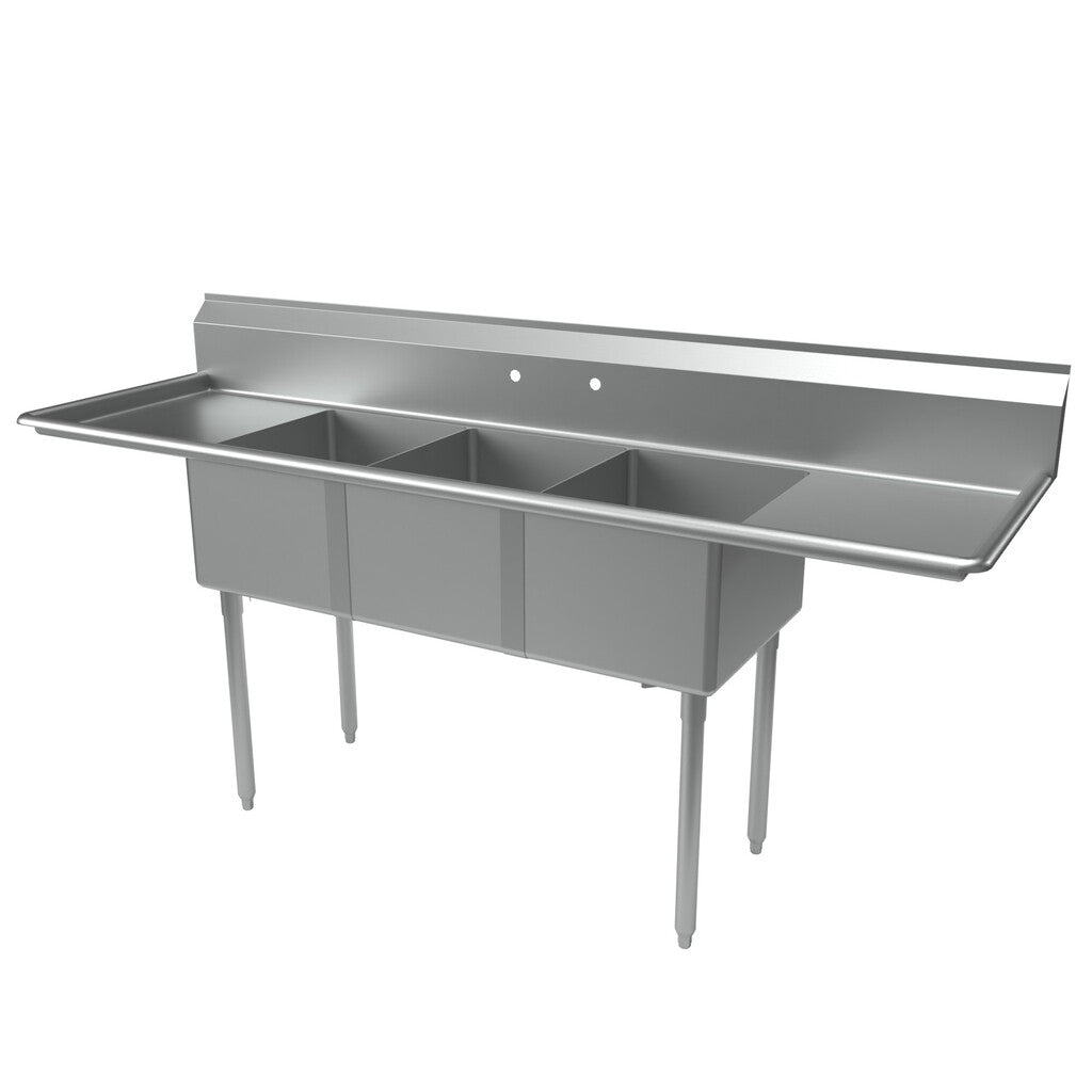 BK Resources ES-3-1620-12-18T 3-Compartment Stainless Steel Economy Sink Dual 18" Drainboards 20L X 16W X 12D Bowls