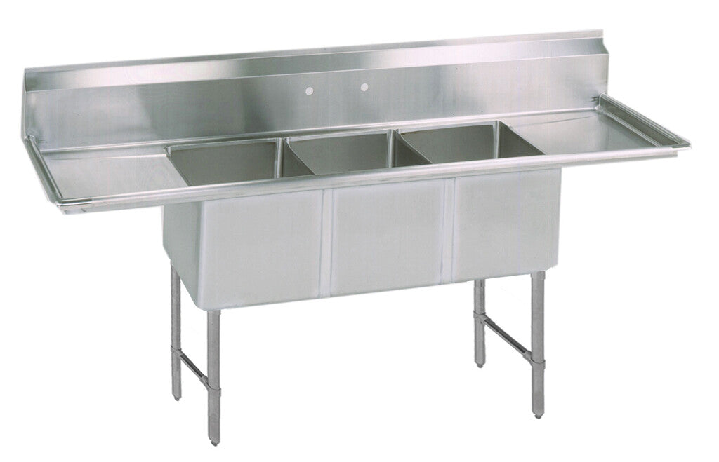 BK Resources BKS6-3-1620-14-18TS 3-Compartment Stainless Steel Sink 10" Riser, Dual 18" Drainboards 20L X 16W X 14D Bowls