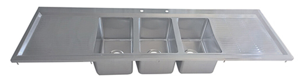 BK Resources BK-DIS-1014-3-18T-PG 3-Compartment Stainless Steel Dropin Sink 10"x14"x10" w/ Dual 18" Drainboards & Faucet