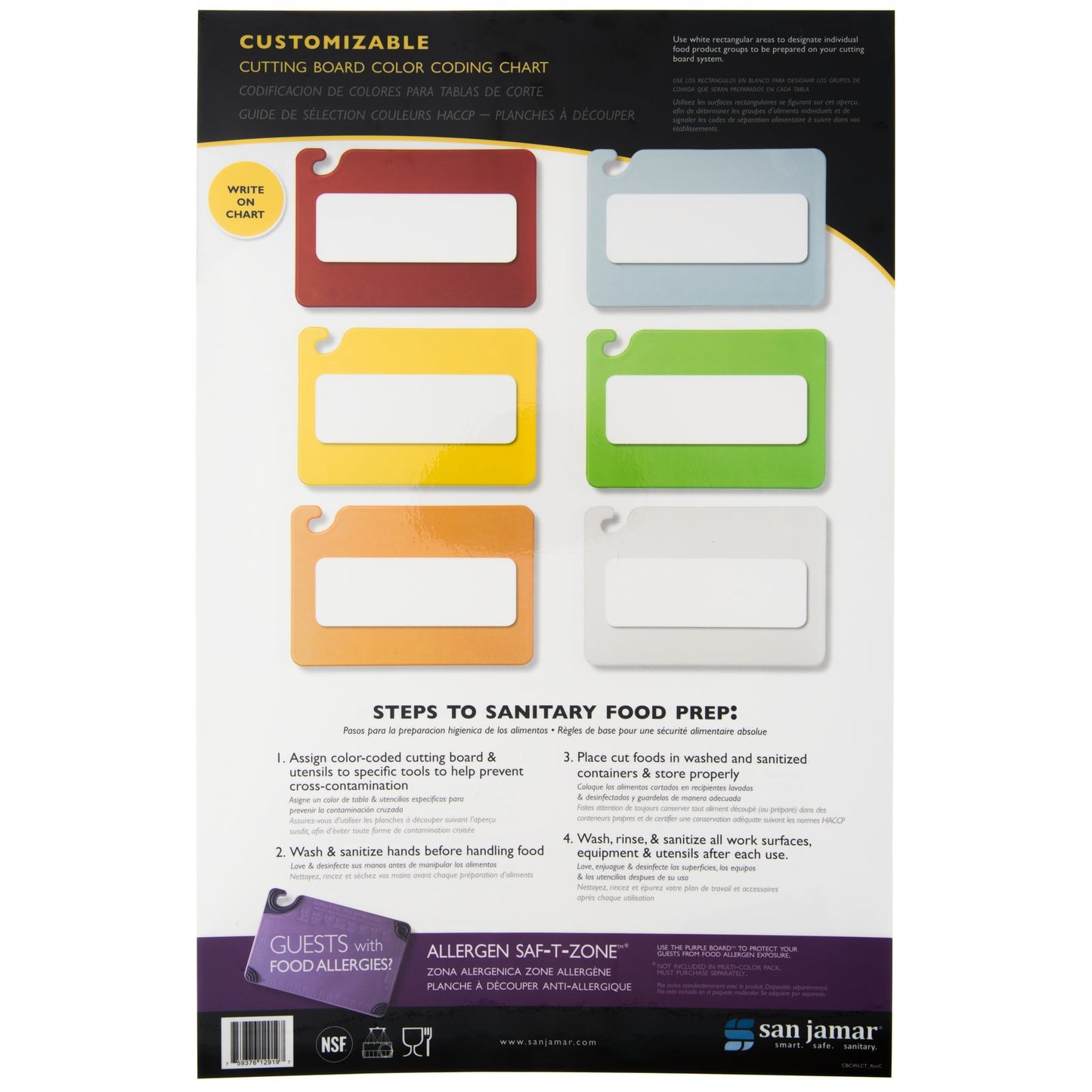 San Jamar CBCWLCTST Cut-N-Carry 6 Board Cutting Board Color Coding Chart