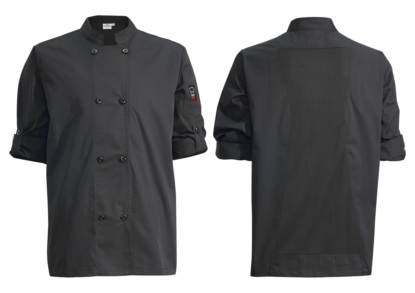 Winco UNF-12KXL Extra Large Black Ventilated Chef Jacket, Roll-Tab Sleeve