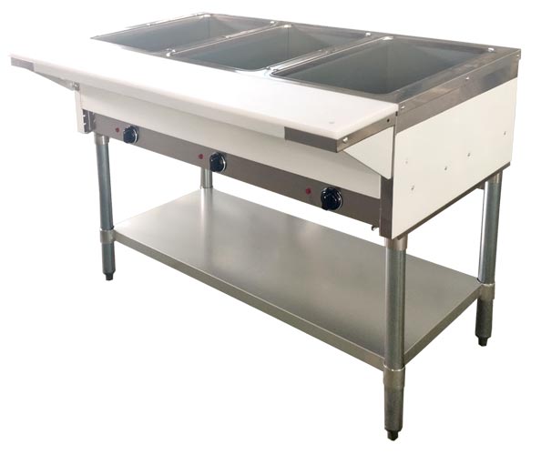 Omcan 47343 Gas 3 Pan Open Well Steam Table with Cutting Board and Undershelf
