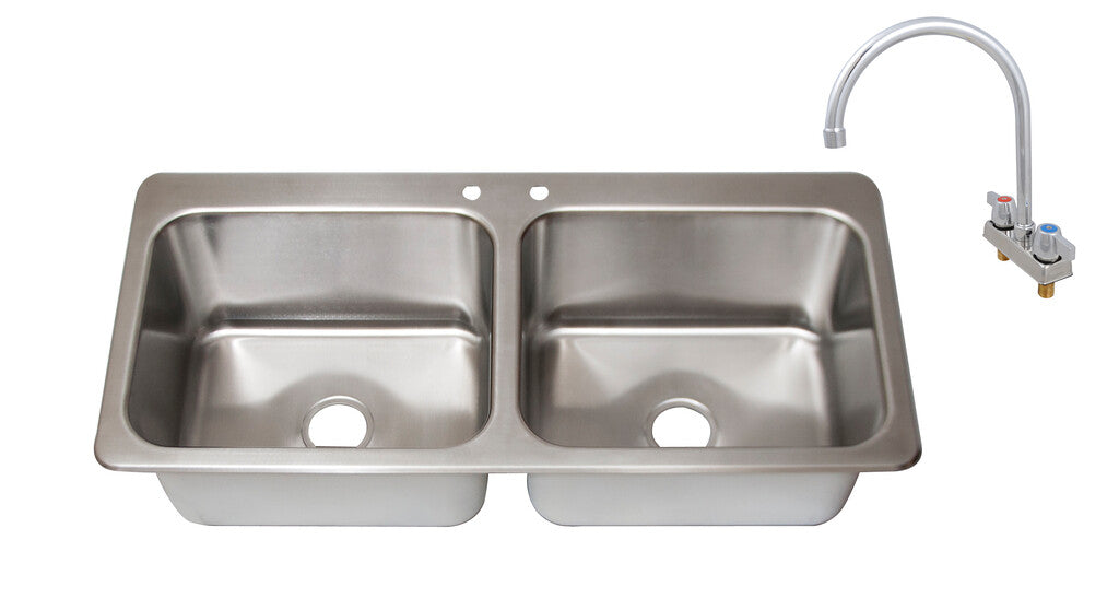 BK Resources DDI2-20161224-P-G 2-Compartment Stainless Steel Dropin Sink 20L X 16W X 12D Bowls w/ Faucet