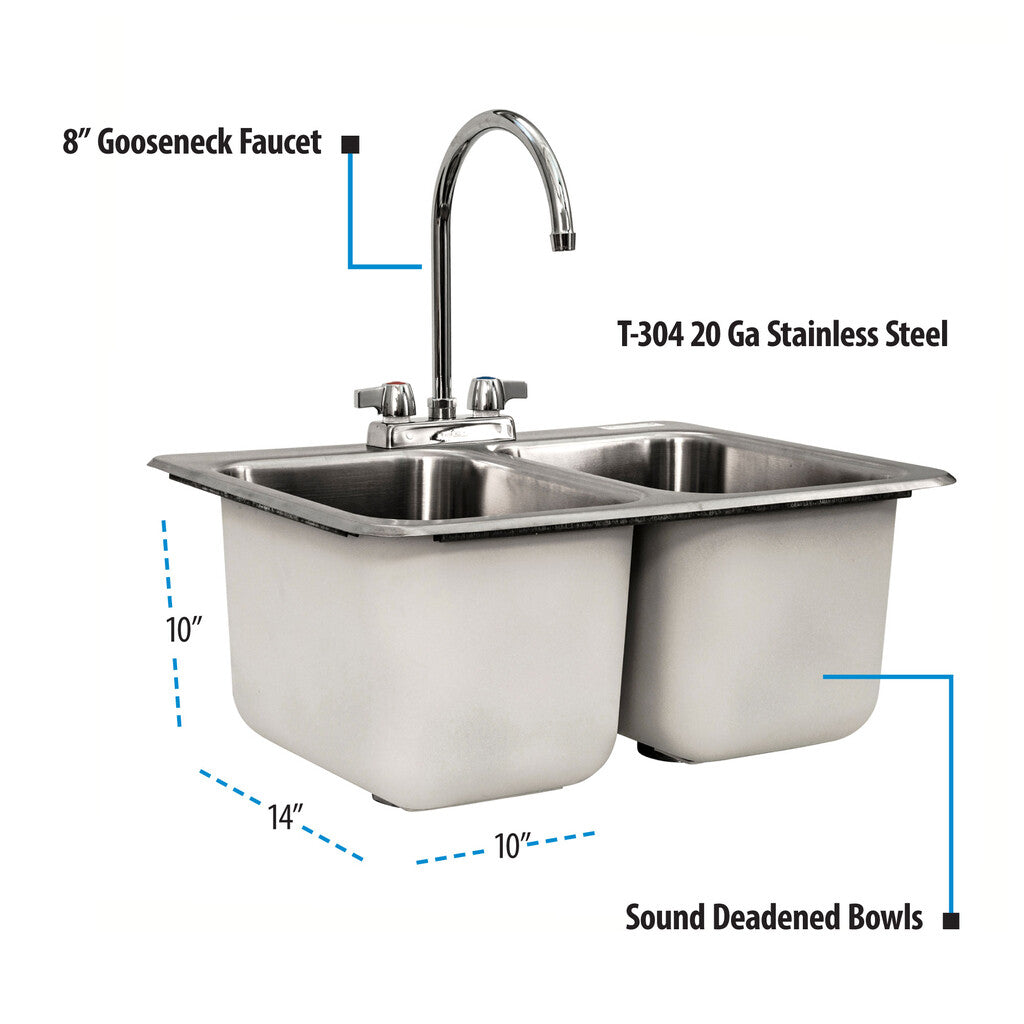 BK Resources DDI2-10141024-P-G 2-Compartment Stainless Steel Dropin Sink 14L X 10W X 10D Bowls w/ Faucet