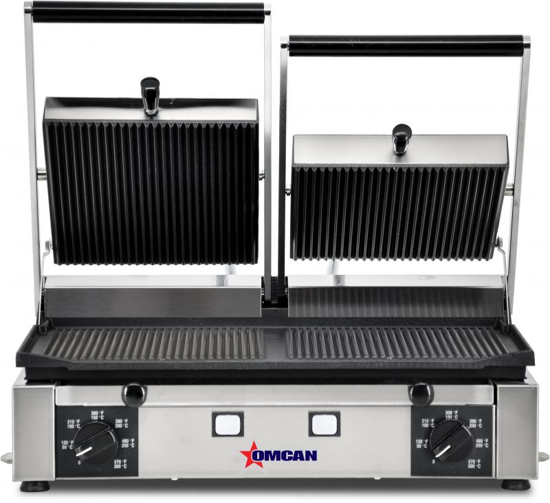 Omcan 11378 Elite Series 10" x 19" Double Panini Grill with Grooved Top and Bottom Grill Surface