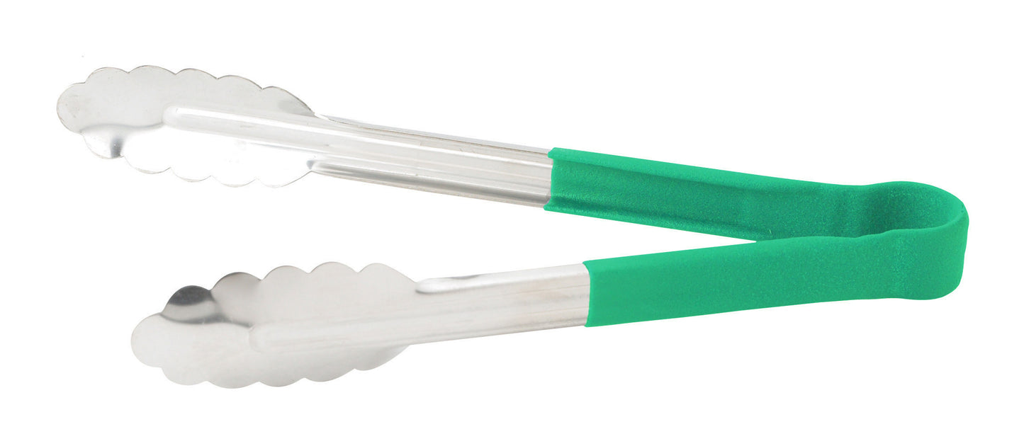 Winco UTPH-9G 9" Green Stainless Steel Utility Tong, Polypropylene Handle