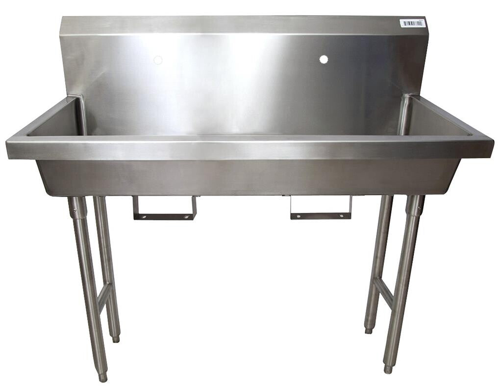 BK Resources MSHS-48F1B 48" 2-Station Stainless Steel Freestanding Handwash Sink, Single Hole Splash Mount