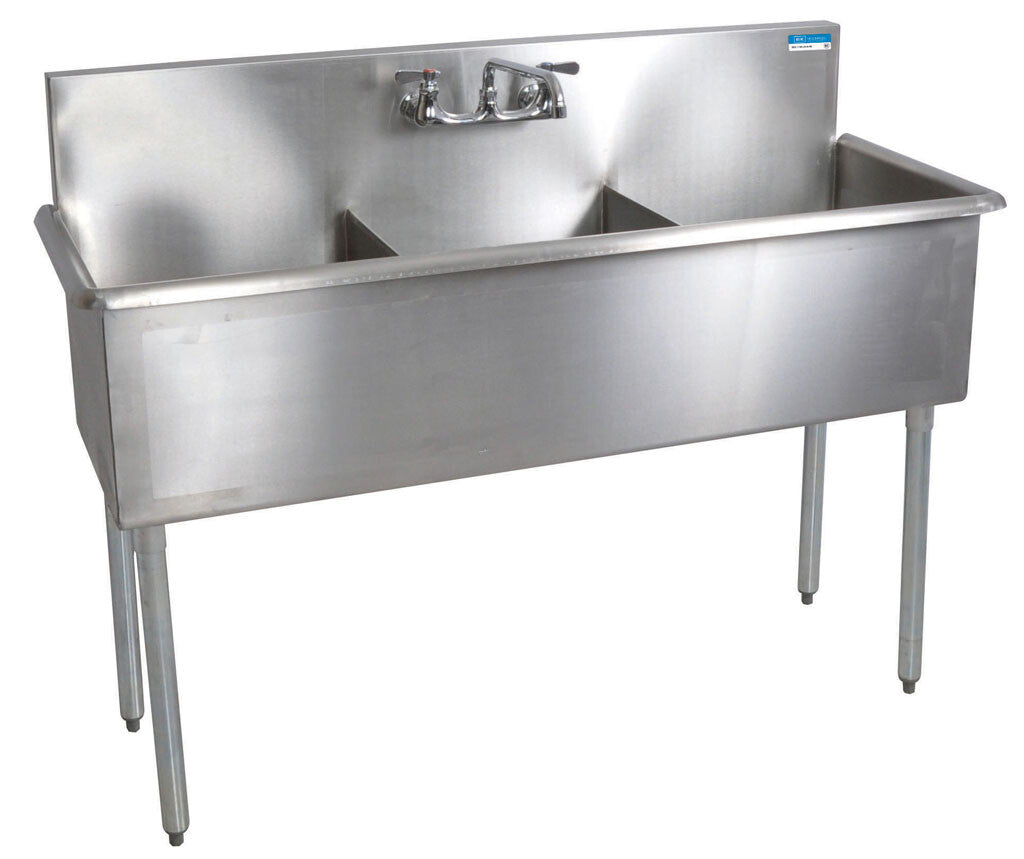 BK Resources BK8BS-3-18-12 3-Compartment Stainless Steel Budget Sink, Rolled Edges 18LX18WX12D Bowls