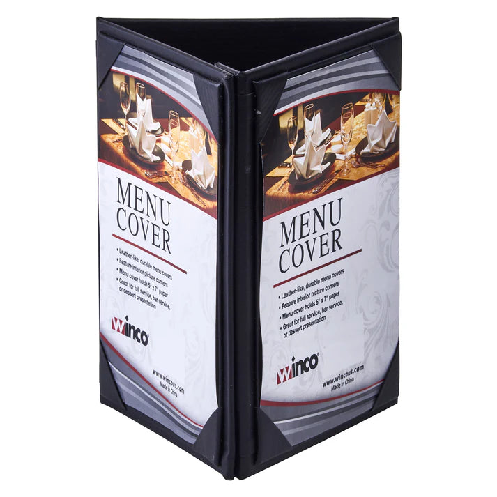 Winco LMTT-57BK Black Triple Panel Table Tent For 5 X 7" Inserts