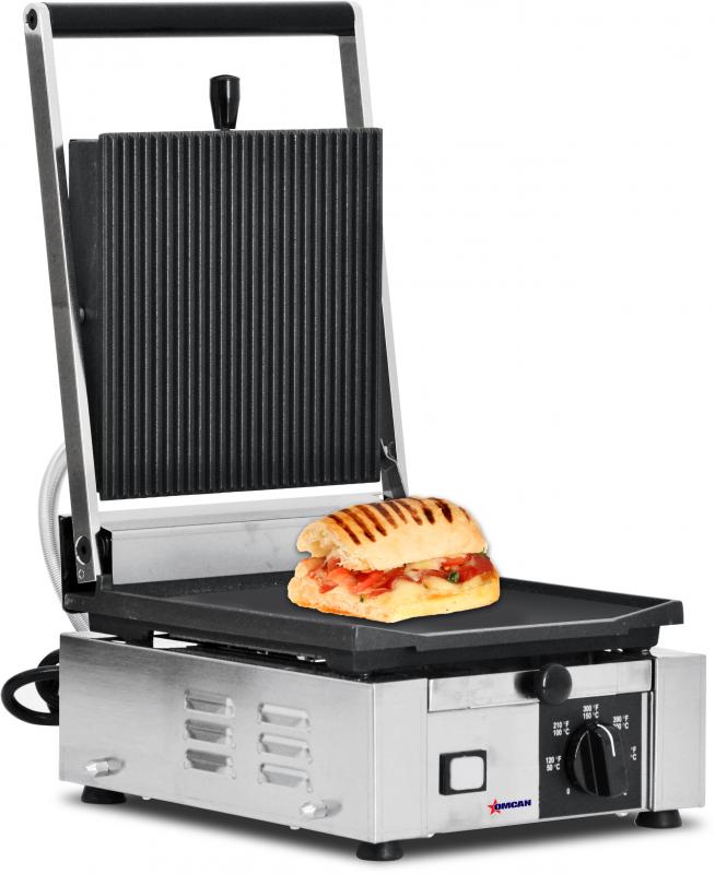 Omcan 11376 Elite Series 10" x 9" Single Panini Grill with Grooved Top and Smooth Bottom Grill Surface