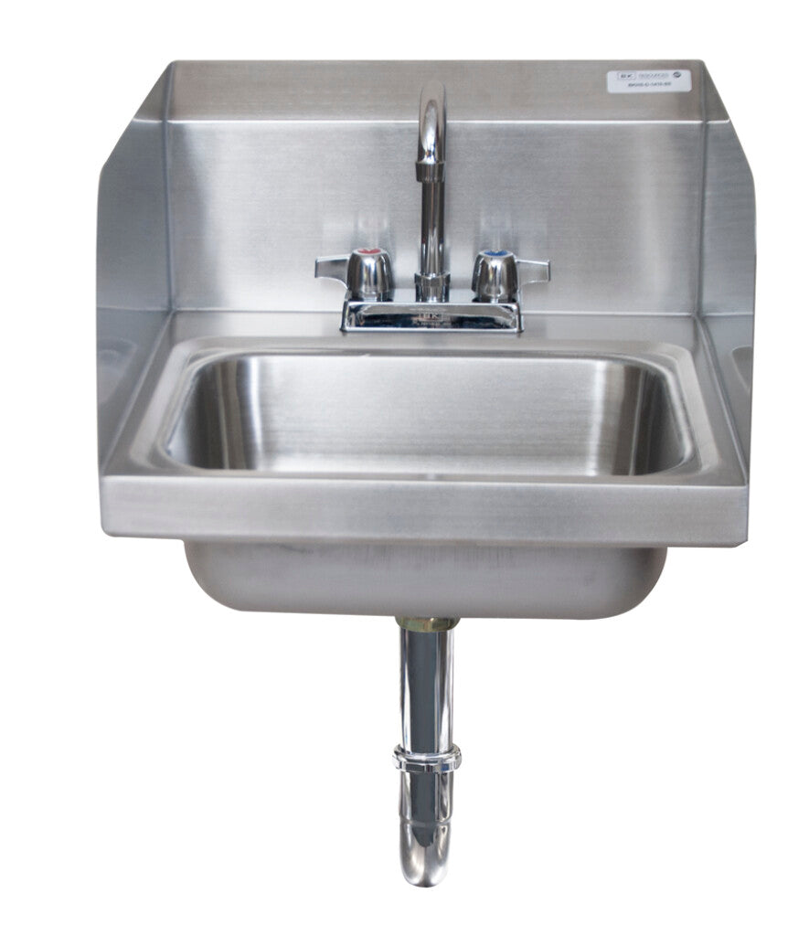 BK Resources BKHS-D-1410-SS-PT-G Stainless Steel Hand Sink w/ Side Splashes, Faucet P-Trap 2 Holes