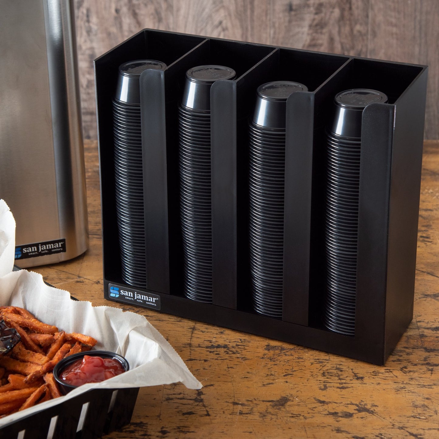 San Jamar PCL3ADJ Black Adjustable Portion Cup & Lid Organizer