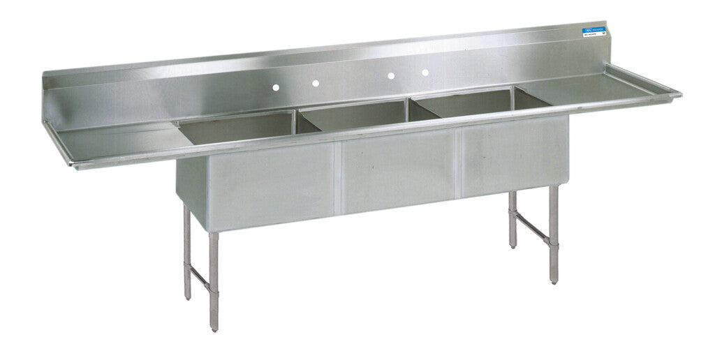 BK Resources BKS6-3-24-14-24TS 3-Compartment Stainless Steel Sink 10" Riser & Drainboards 24L X 18W X 14D Bowls