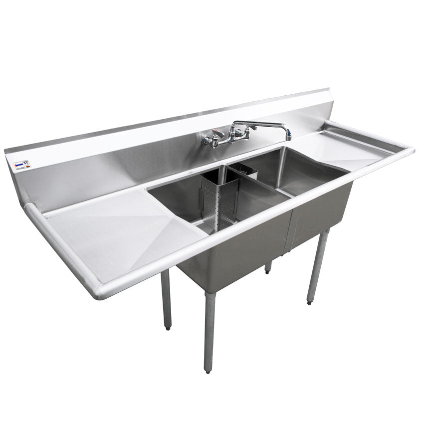 Omcan 25252 18" x 18" x 11" Two Tub Sink with 1.8" Corner Drain and Two Drain Boards