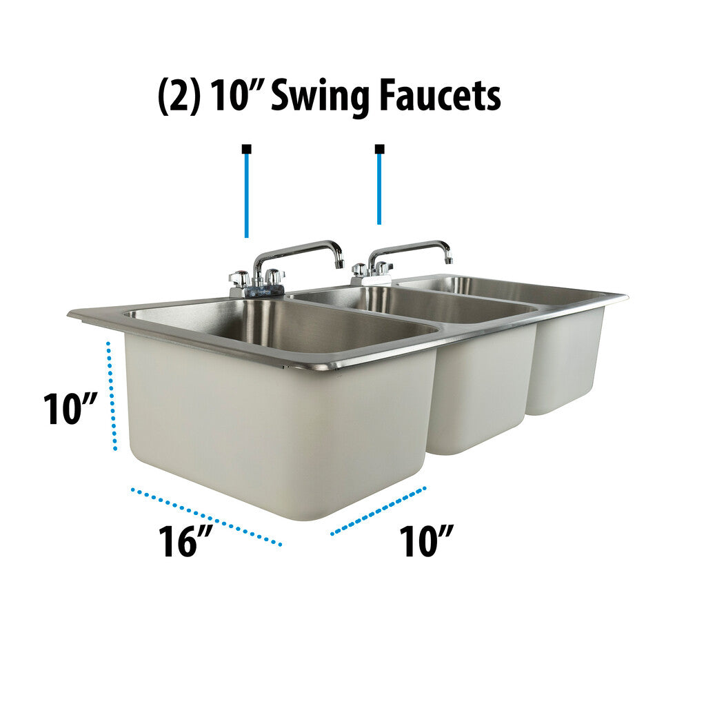 BK Resources DDI3-162012224-P-G 3-Compartment Stainless Steel Dropin Sink w/ 20L X 16W X 12D Bowls& Faucet