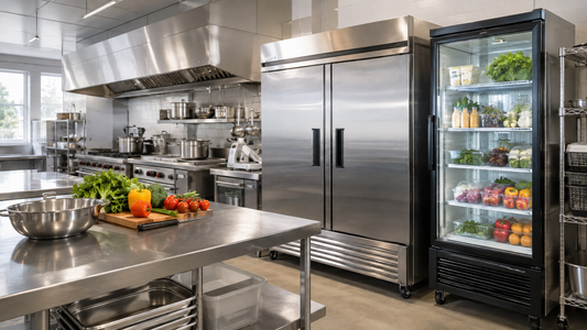 Bright commercial kitchen with stainless-steel prep tables, cooking equipment, and two large refrigerators—one solid-door and one glass-door stocked with fresh produce and beverages.