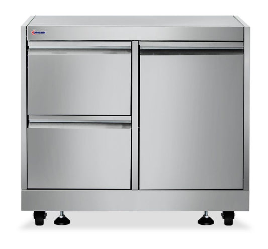 Omcan 47877 32" Stainless Steel Cabinet Stand for #47876 with Gas Tank Cabinet and 2 Drawers with Soft Hinge Drawer Slide