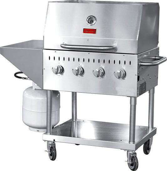 Omcan 47352 Propane Four Burner Stainless Steel Outdoor BBQ Grill, Top And Side Shelf, 1 Roll Dome