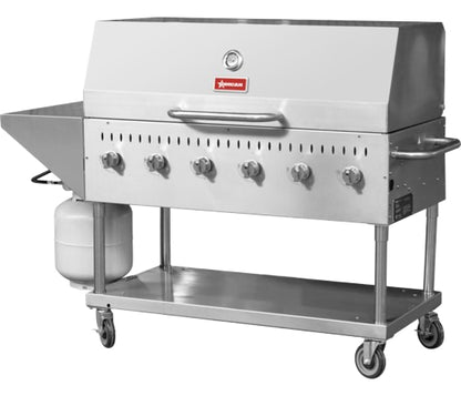 Omcan 47841 Propane Six Burner Stainless Steel Outdoor BBQ Grill, Top And Side Shelf, 1 Roll Dome