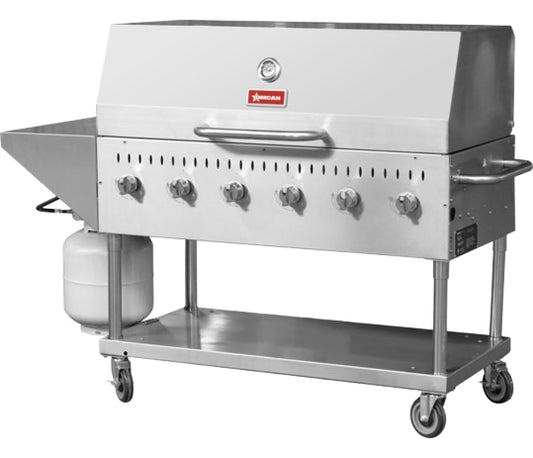 Omcan 47841 Propane Six Burner Stainless Steel Outdoor BBQ Grill, Top And Side Shelf, 1 Roll Dome