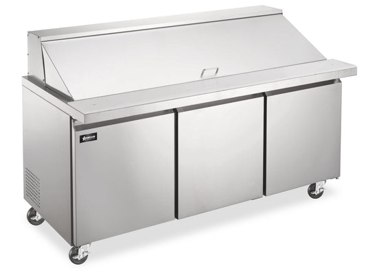 Omcan 50130 19.5 cu.ft (552 L) 71" 3-Door Stainless Steel Mega Top Refrigerated Prep Table