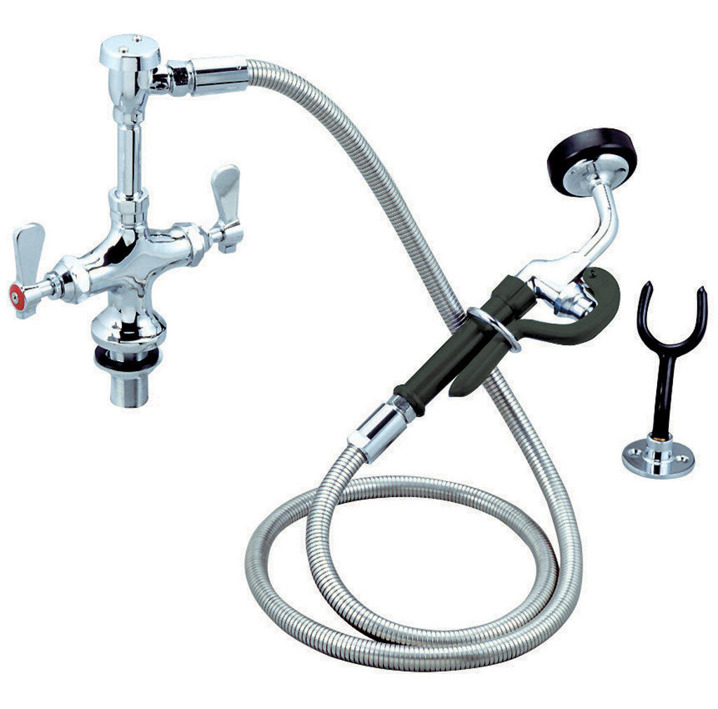 BK Resources BKF-DDMUS-G Chrome-Plated Brass Optiflow Utility Spray Faucet, Deck Mount, Dual Valve, SS Braided Hose