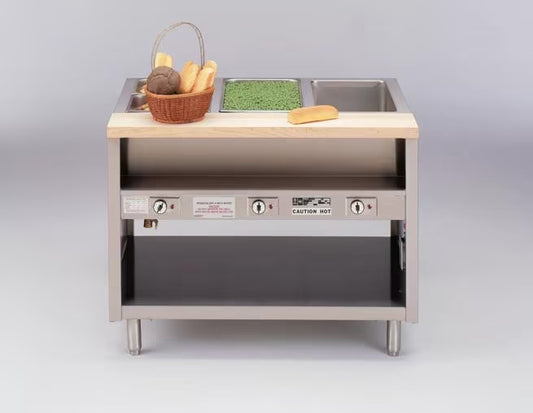 Dinex DXPDME3OS 44" x 32" x 34" 3-Well Stainless Steel ServeXpress Stationary Open Base Hot Food Table
