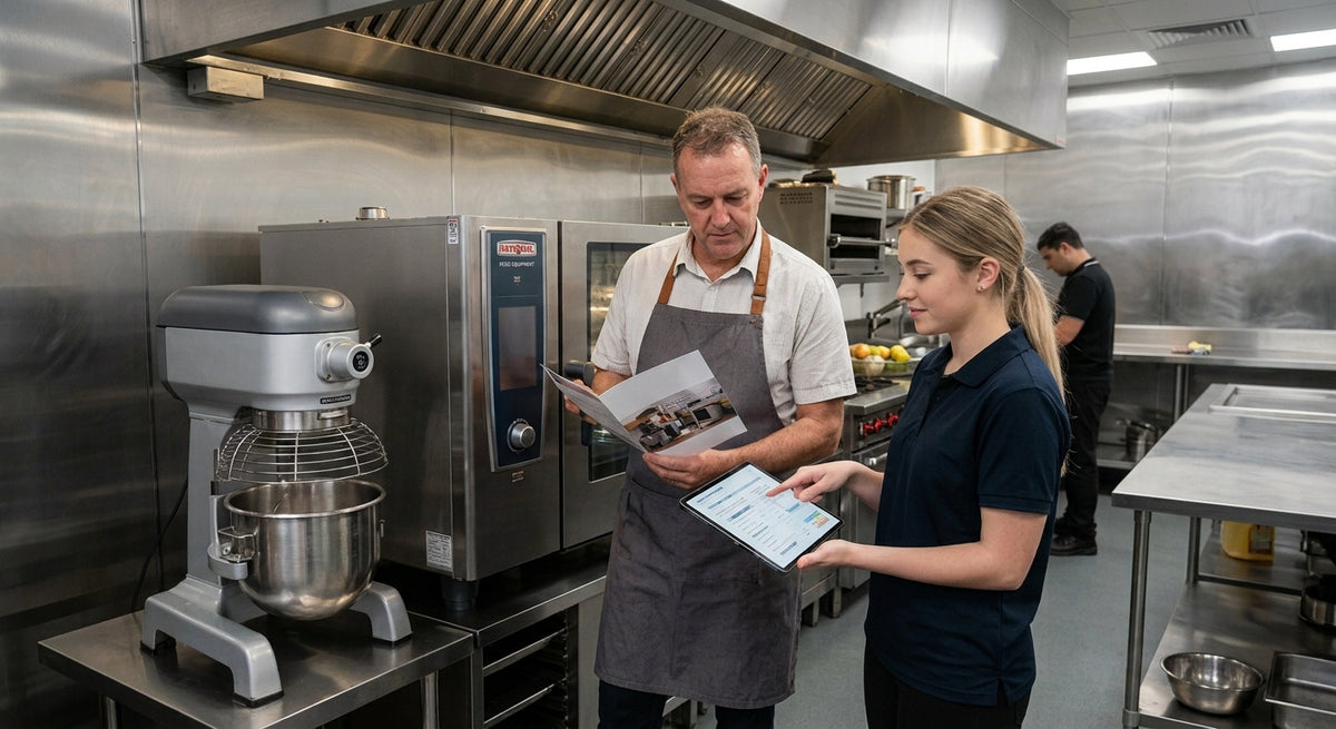 Restaurant owner reviewing commercial kitchen equipment financing