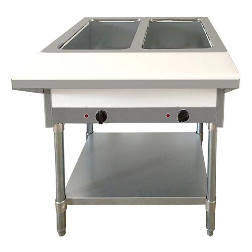 Omcan 47362 2 Pan Open Well Propane Steam Table with Cutting Board and Undershelf