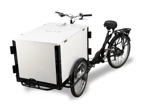 Omcan 47411 Black Ice-Cream Bike / Cargo Bike with Non-Insulated White Wooden Box and Vending Lid