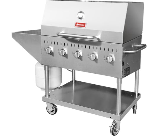 Omcan 47840 Propane 5 Burners Stainless Steel Outdoor BBQ Grill, Top And Side Shelf, 1 Roll Dome