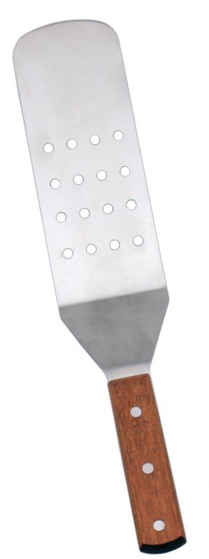 Omcan 80008 Stainless Steel Satin Flexible Kitchen Turner with 9 1/2" x 3" Perforated blade and Short Wooden Handle