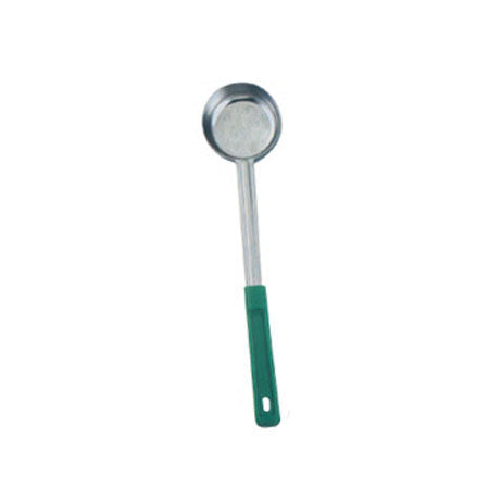 Omcan 80779 4 oz. One-Piece Green Handle Stainless Steel Solid Portion Control Spoon