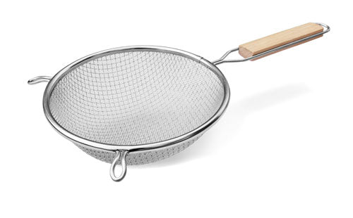 Omcan 80939 11" Double Tinned Mesh Strainer with Flat Wood Handle