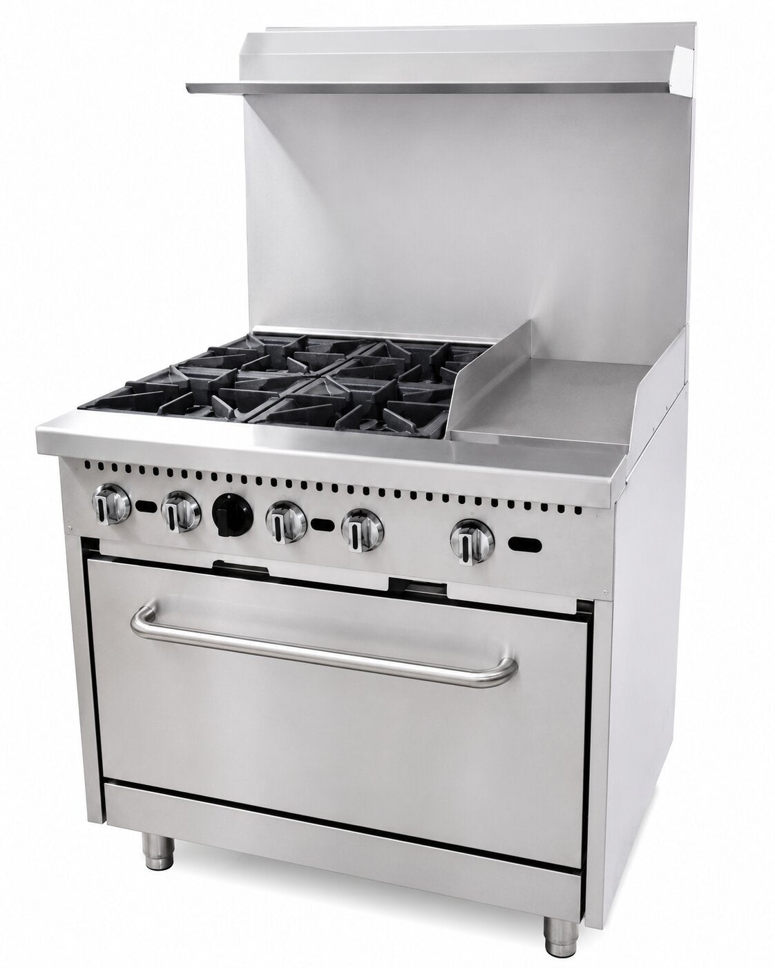 Omcan 46025 36" Gas Four Burner Commercial Range with 12-inch Griddle and Oven